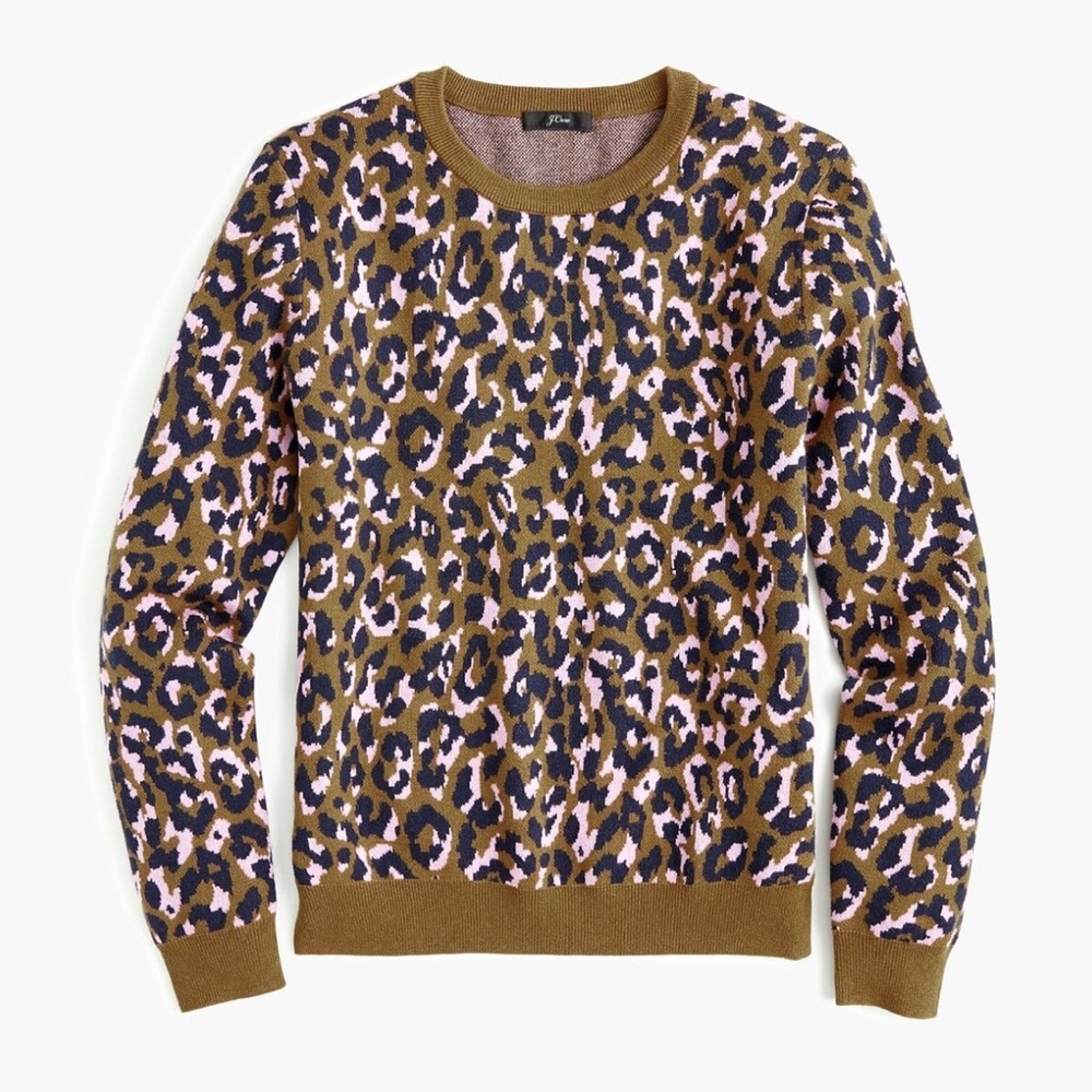 J. Crew Pink and Navy Leopard Crewneck Sweater